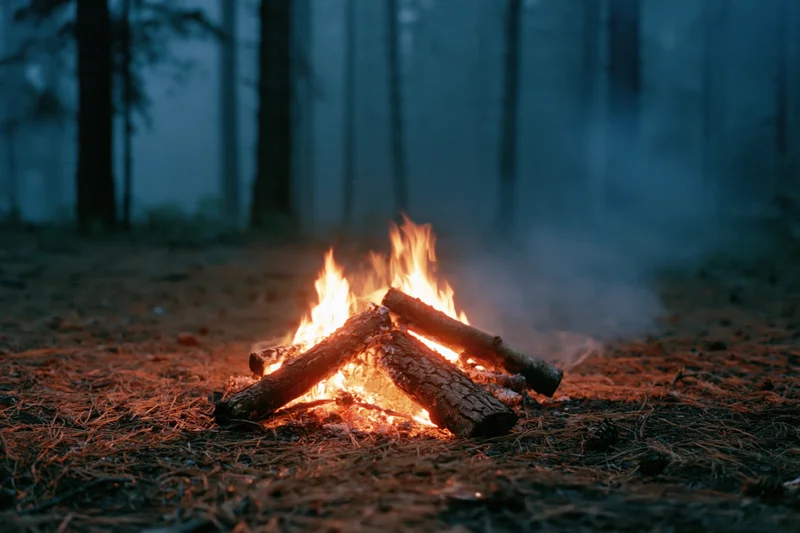 Small campfire burning on forest floor with stacked logs at night