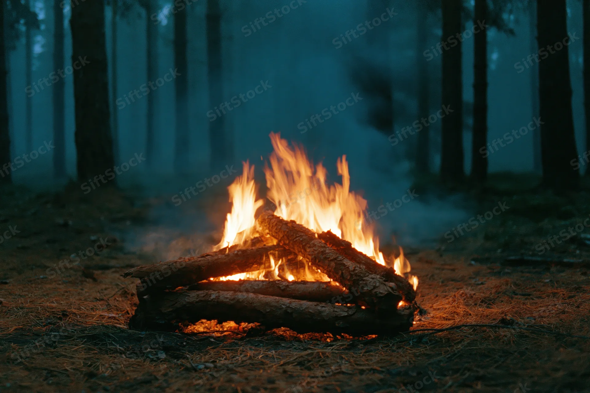 Campfire burning on forest floor with stacked logs at night