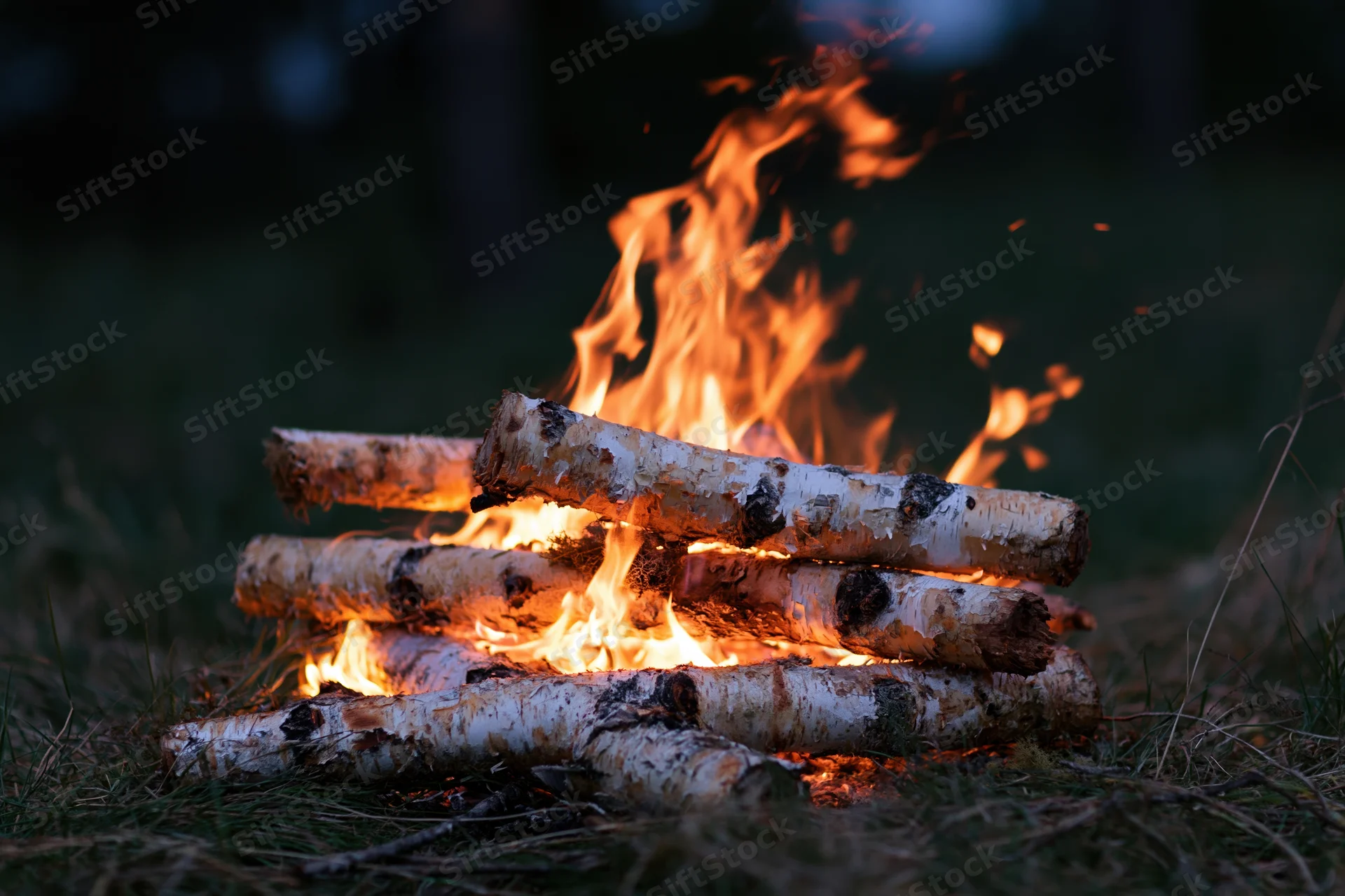 Birch logs burning in a small campfire on grass at dusk