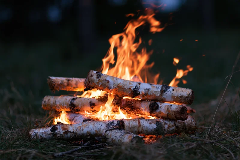 Birch logs burning in a small campfire on grass at dusk