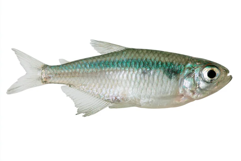 Small freshwater fish specimen shown in side profile against a pure white background