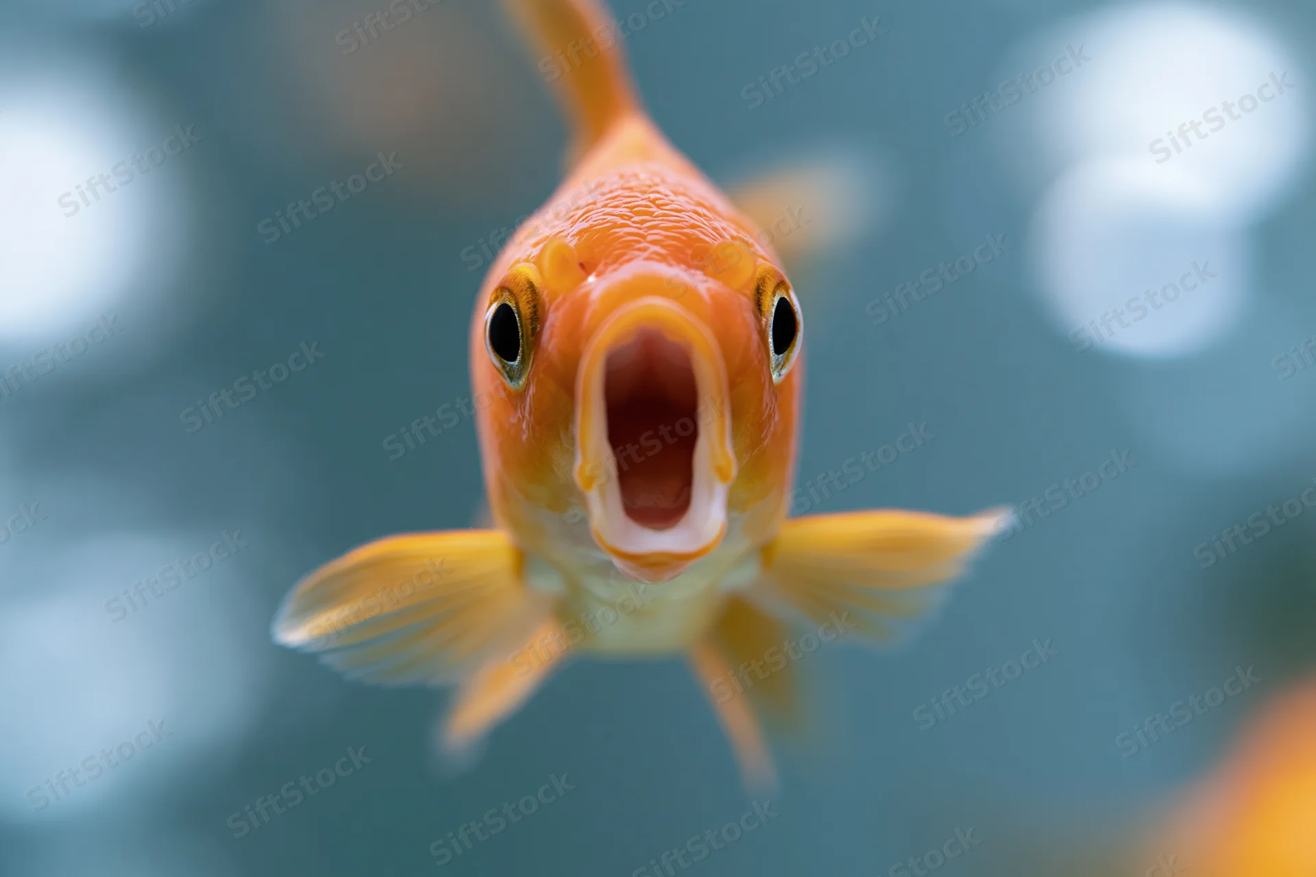Orange goldfish swimming directly toward camera in aquarium water