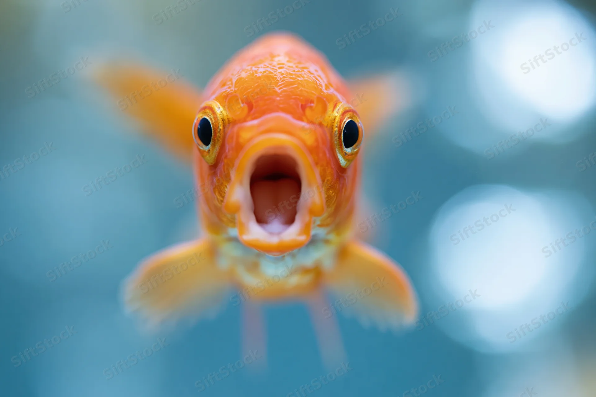 Orange goldfish swimming directly toward camera in aquarium water