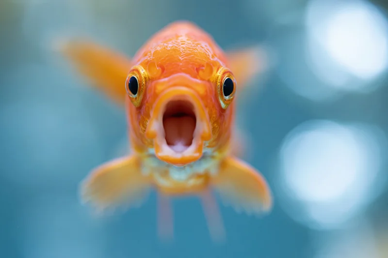Orange goldfish swimming directly toward camera in aquarium water
