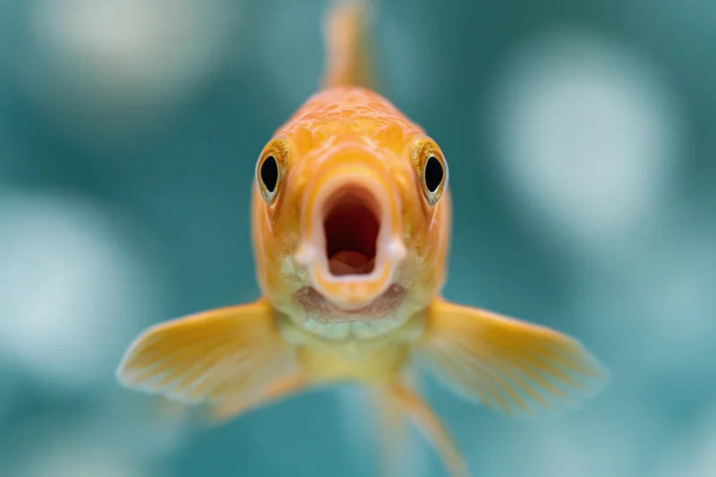 Orange goldfish swimming directly toward camera with mouth open in aquarium