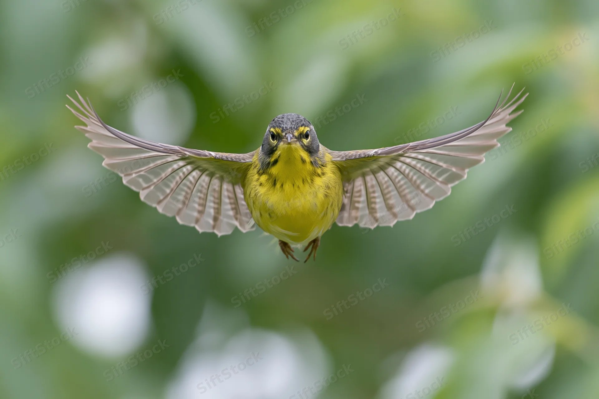 Small yellow-chested songbird hovering mid-flight with wings fully extended against green foliage background