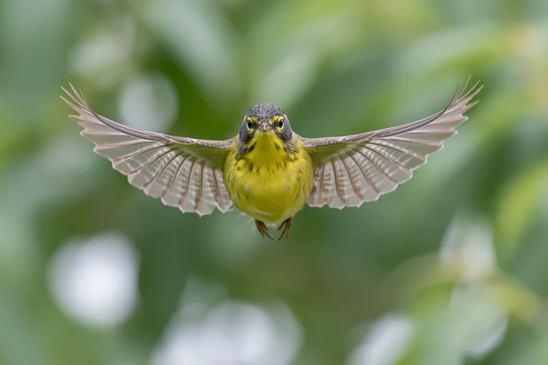 Small yellow-chested songbird hovering mid-flight with wings fully extended against green foliage background