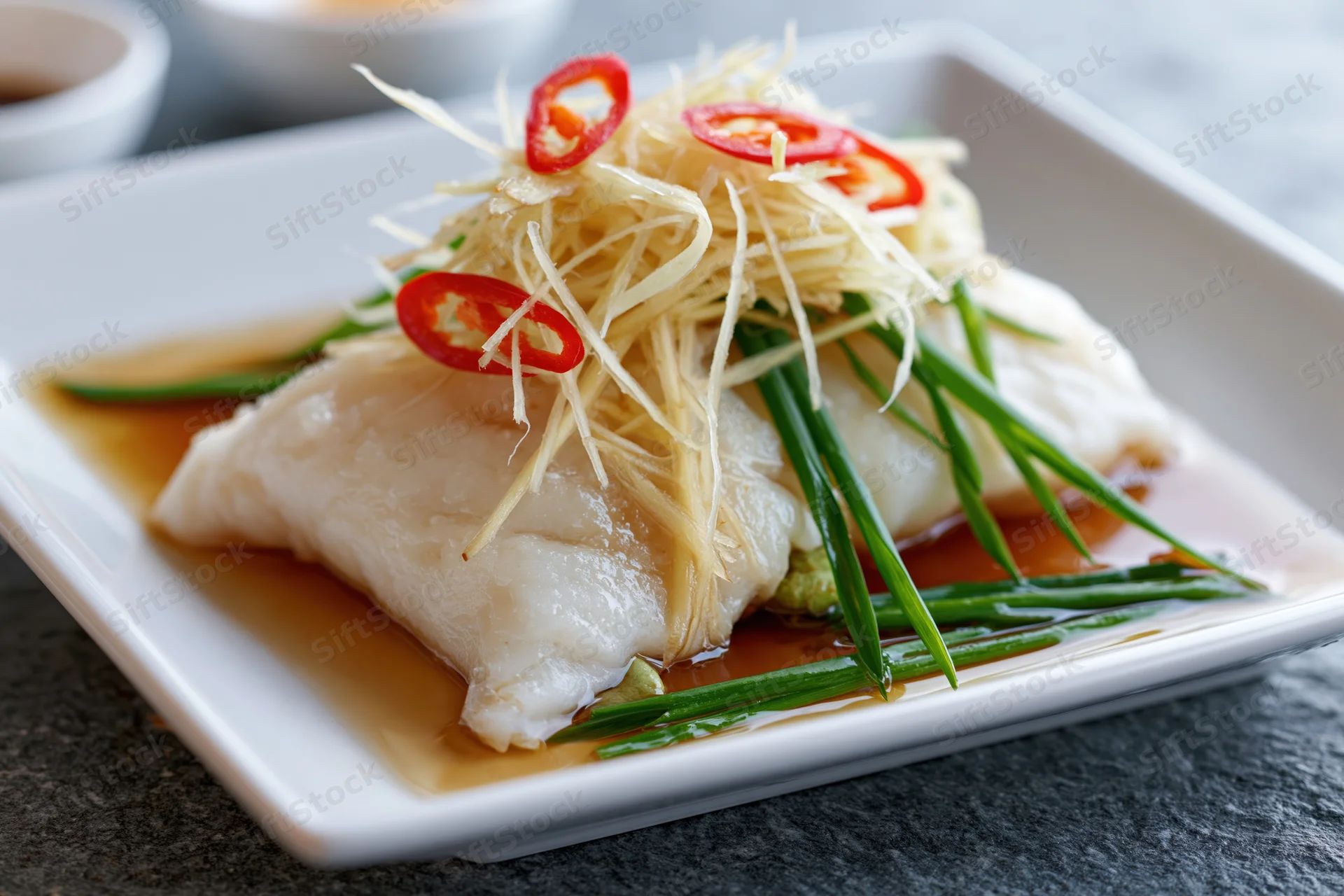 Steamed white fish fillet garnished with ginger and chili on a square white ceramic plate