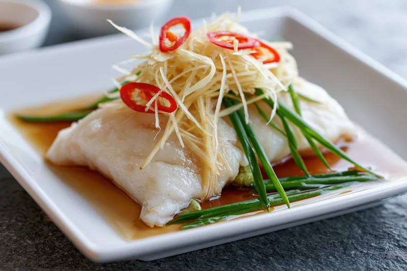 Steamed white fish fillet garnished with ginger and chili on a square white ceramic plate