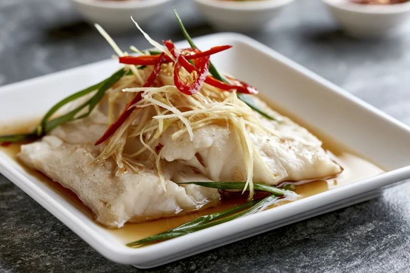 Steamed white fish fillet garnished with ginger, chili, and green onions on a square white ceramic plate