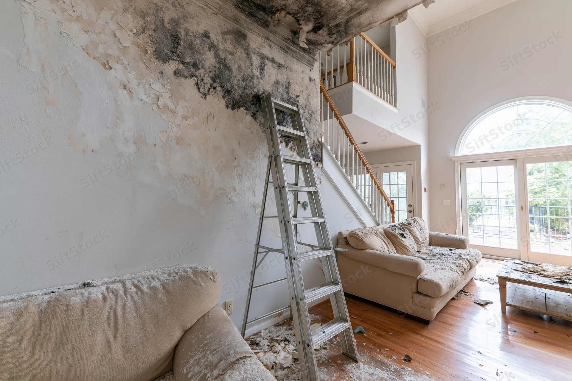 Living room with fire damage showing charred ceiling and walls, ladder leaning against wall, furniture covered in soot, debris on floor
