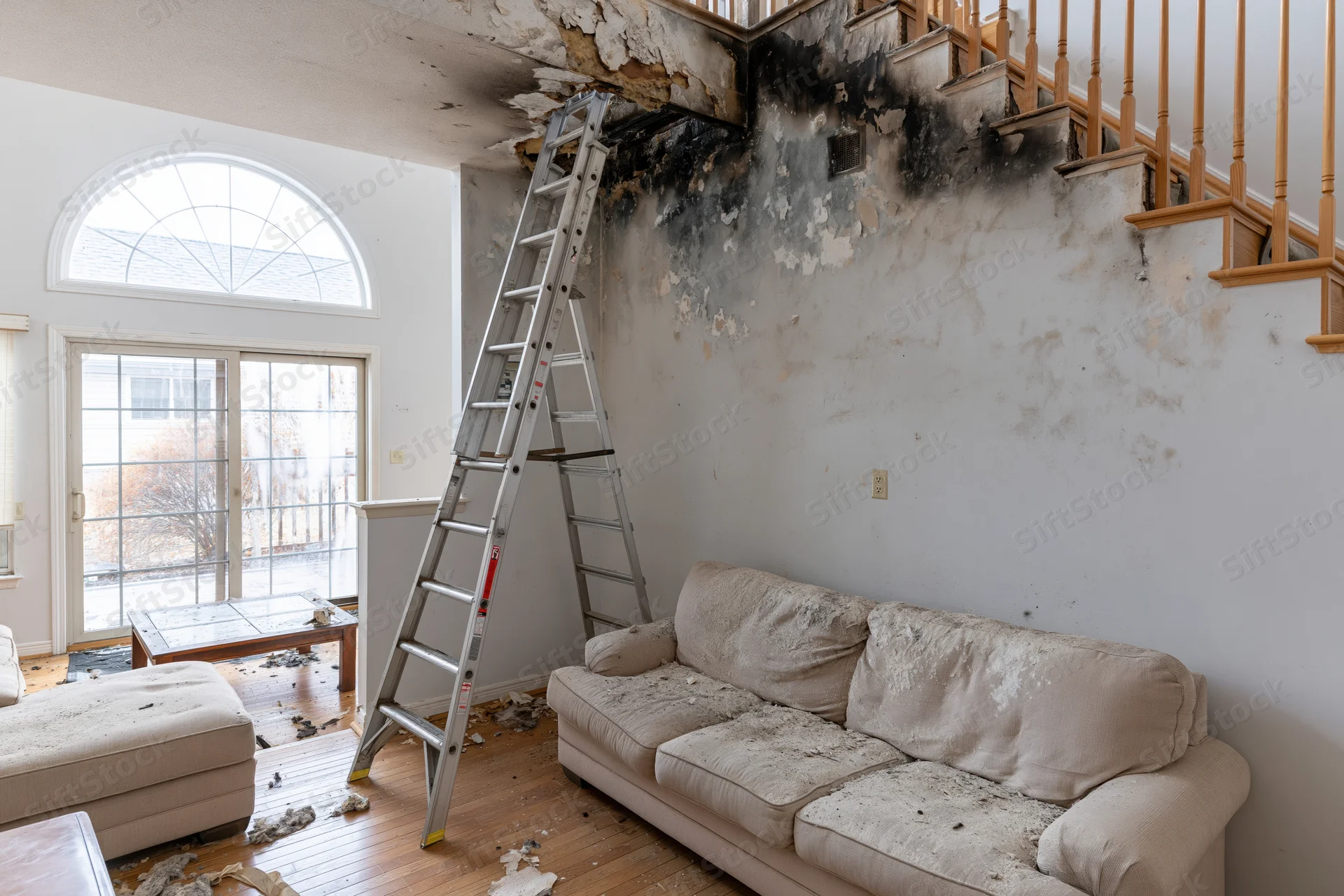 Living room with fire damage showing charred ceiling and walls, ladder leaning against wall, soot-covered sofa and debris on floor