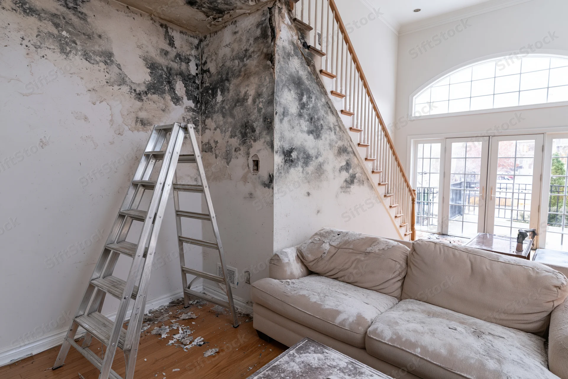 Fire-damaged living room with soot-covered walls and furniture, ladder leaning against wall, staircase and windows visible