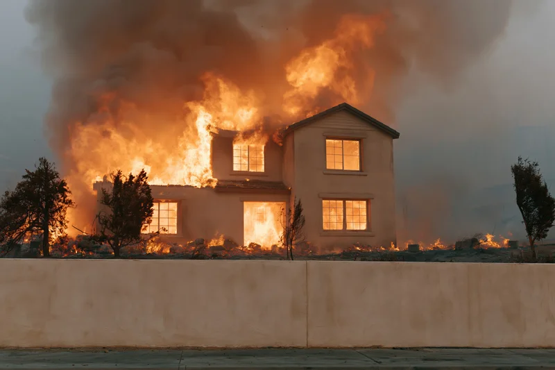 Suburban house engulfed in flames during wildfire, viewed from across a concrete wall
