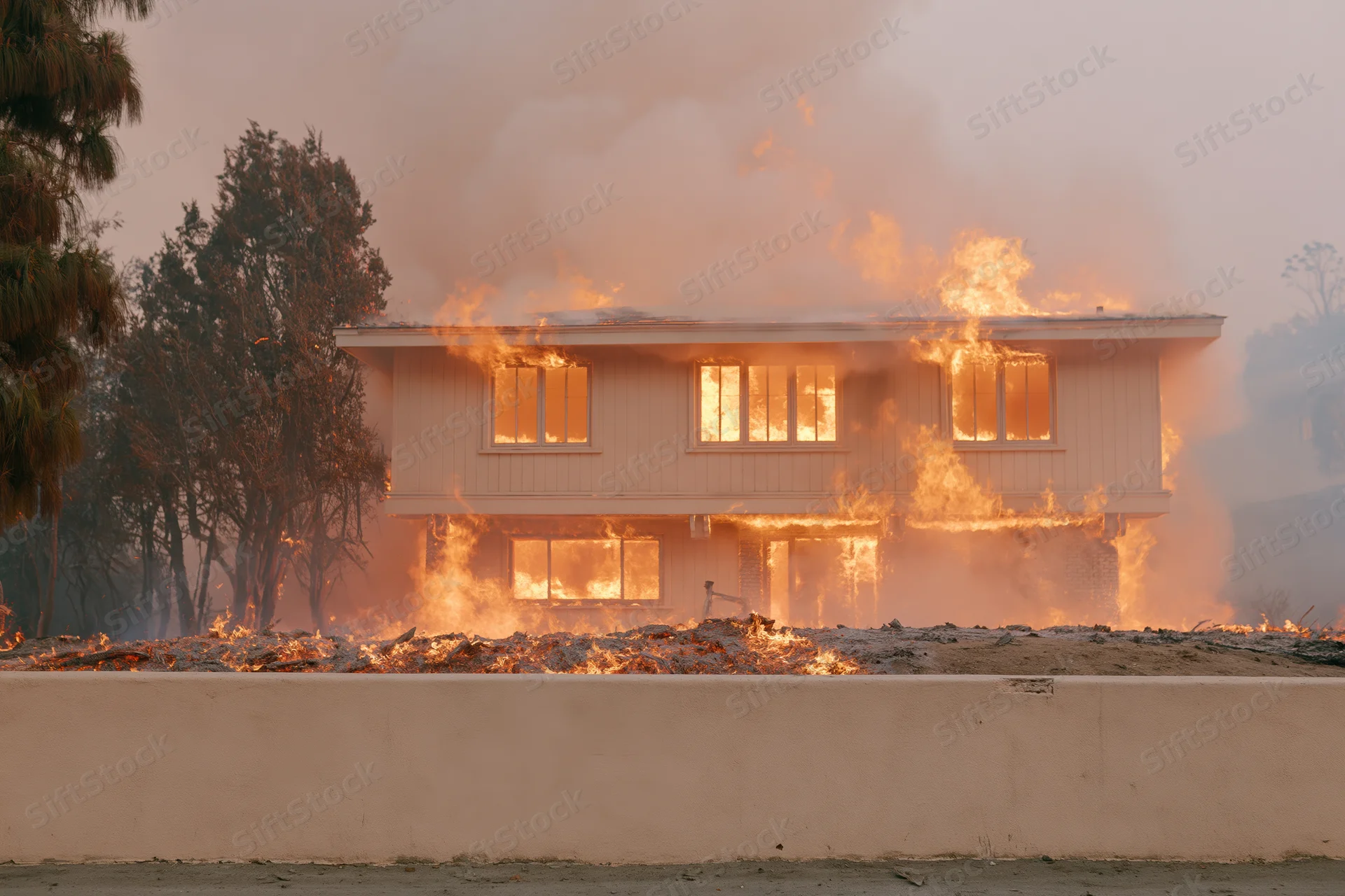 Suburban house engulfed in flames during wildfire with smoke and burning debris around