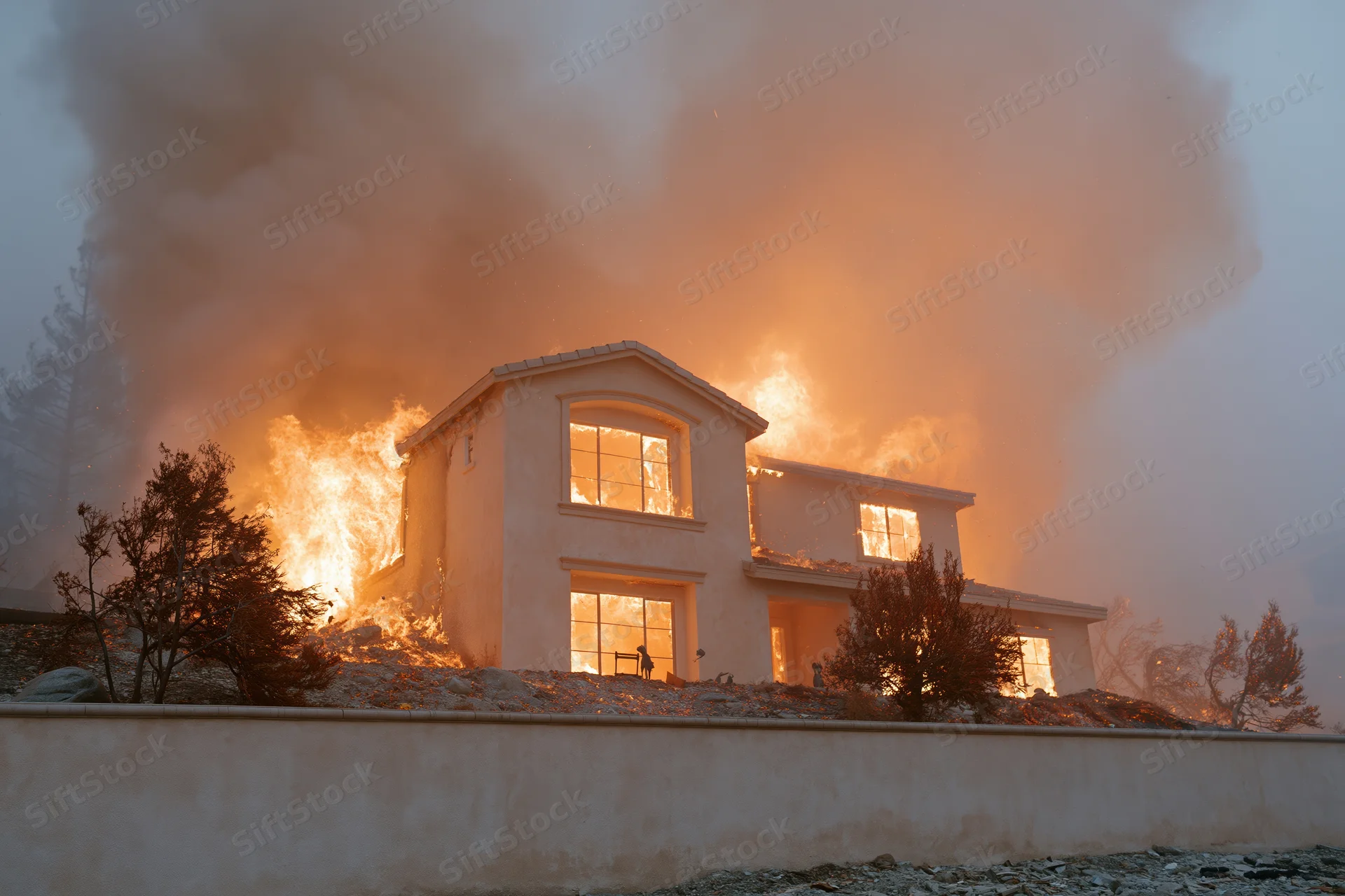 Suburban house engulfed in flames during wildfire, exterior view with smoke and fire consuming structure