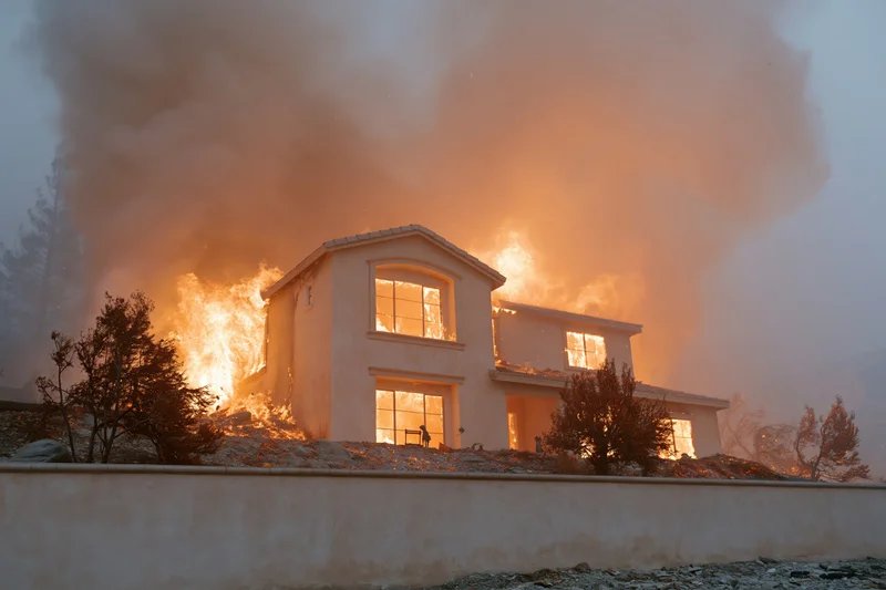 Suburban house engulfed in flames during wildfire, exterior view with smoke and fire consuming structure