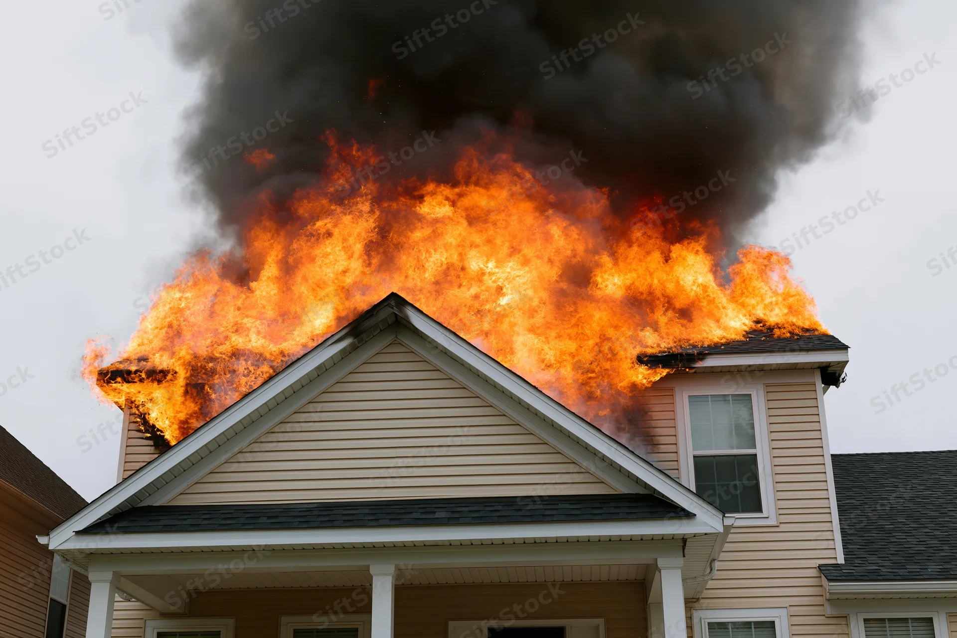 Flames erupting from roof of suburban two-story house