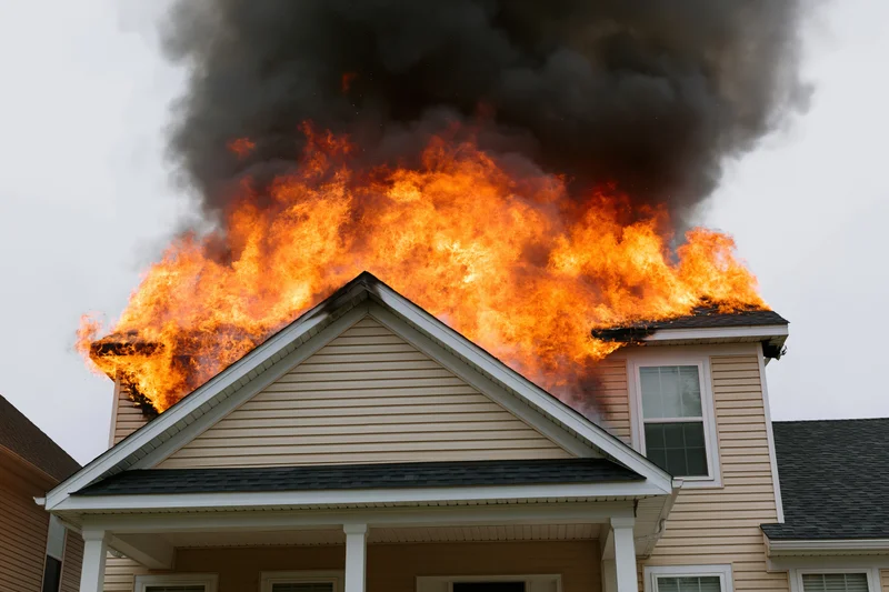 Flames erupting from roof of suburban two-story house