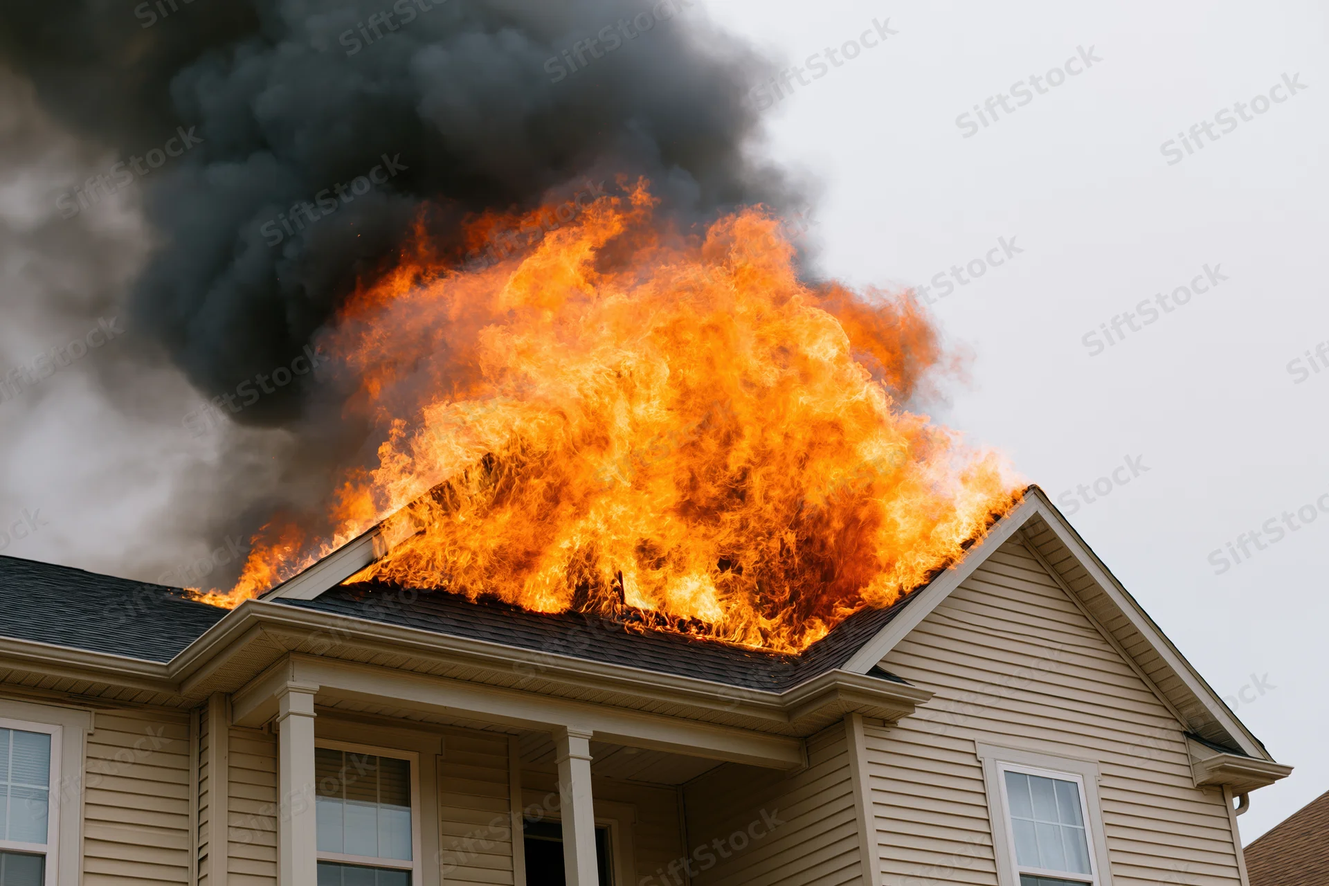 Flames erupting from roof of suburban two-story house