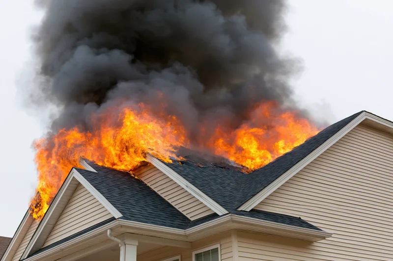 Flames and thick black smoke erupting from the roof of a suburban two-story house