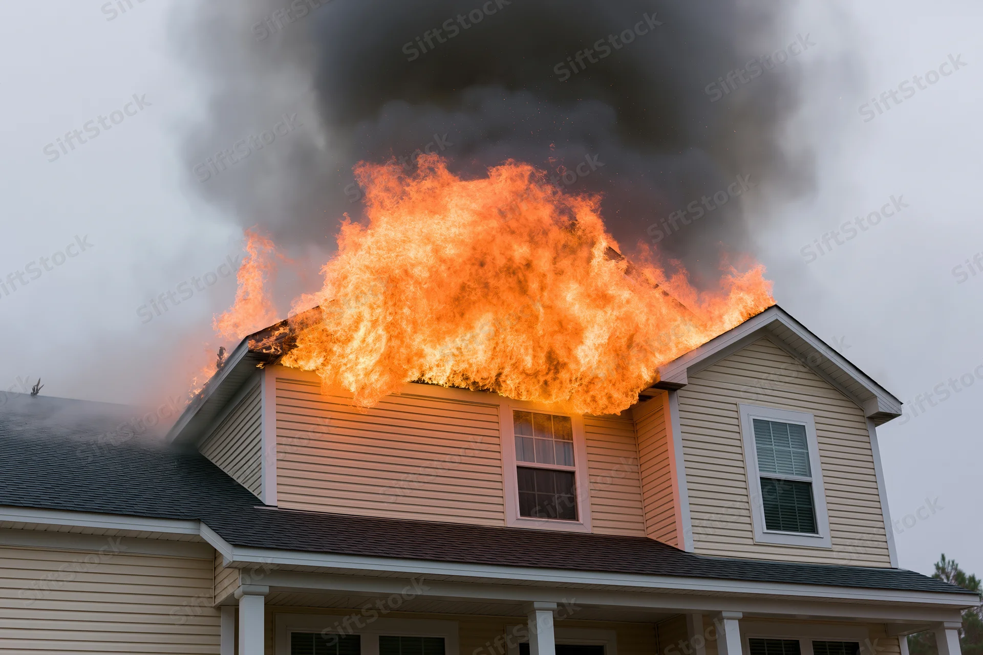 Two-story suburban house burning with flames erupting from roof and thick smoke rising