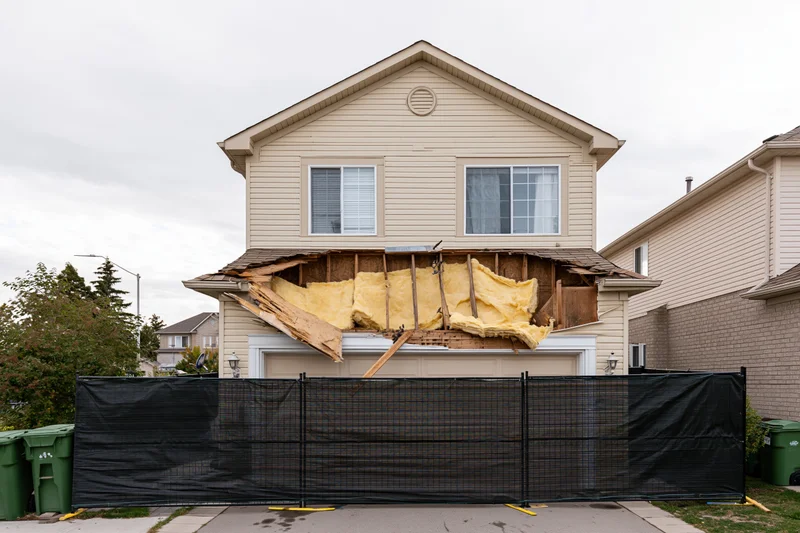 Two-story suburban house with exposed insulation and damaged roof above garage, fronted by black privacy fence