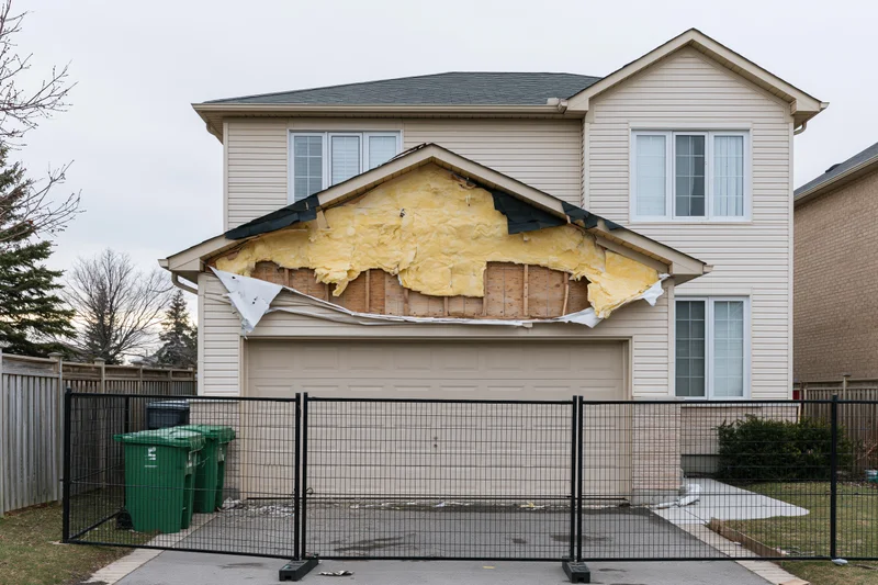 Suburban two-story house with exposed insulation and structural damage above garage, fenced off for repair