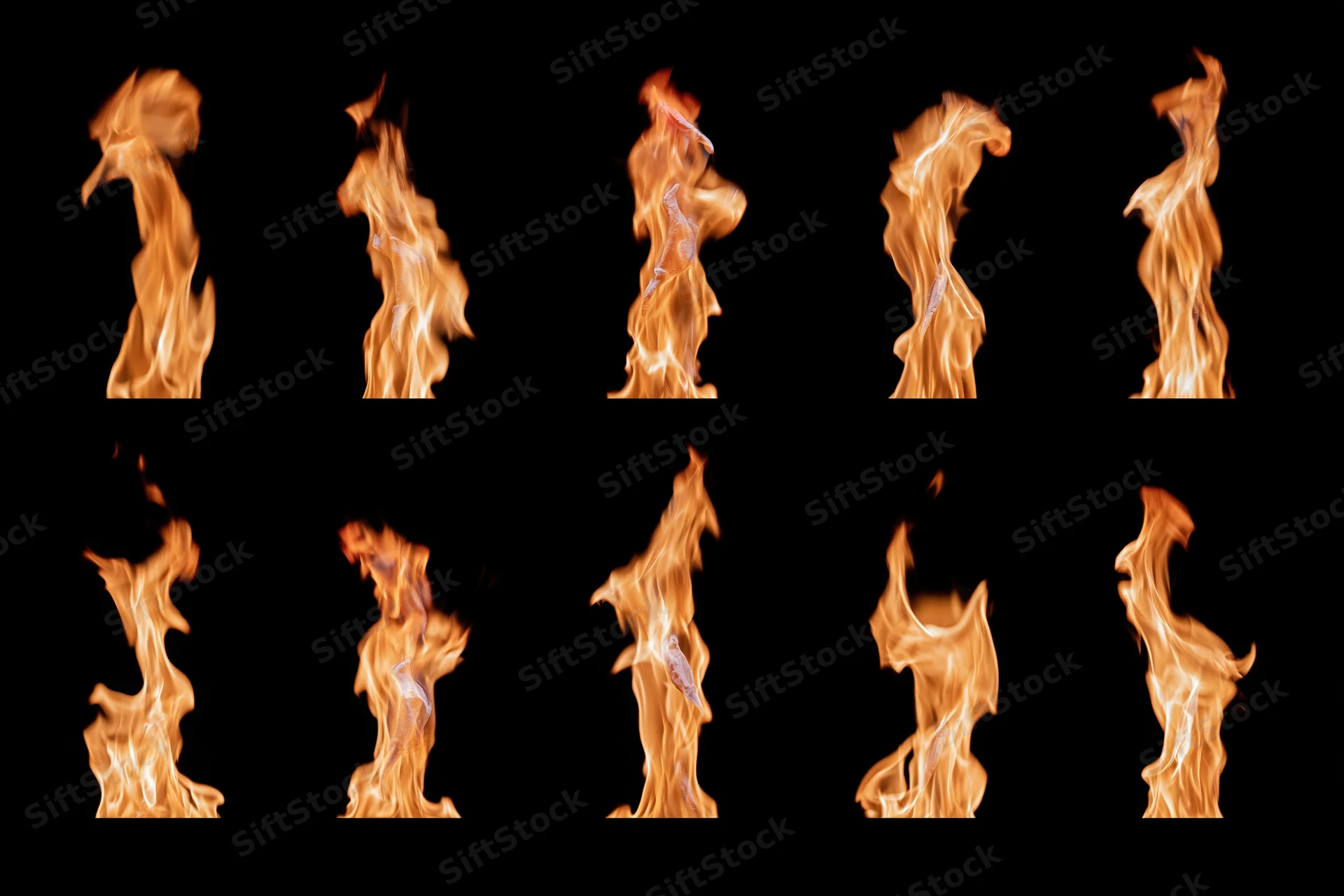 Ten fire flames arranged in a grid on black background