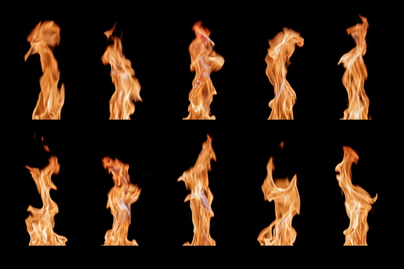 Ten fire flames arranged in a grid on black background
