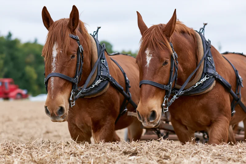 Two chestnut draft horses harnessed side by side in a field of straw