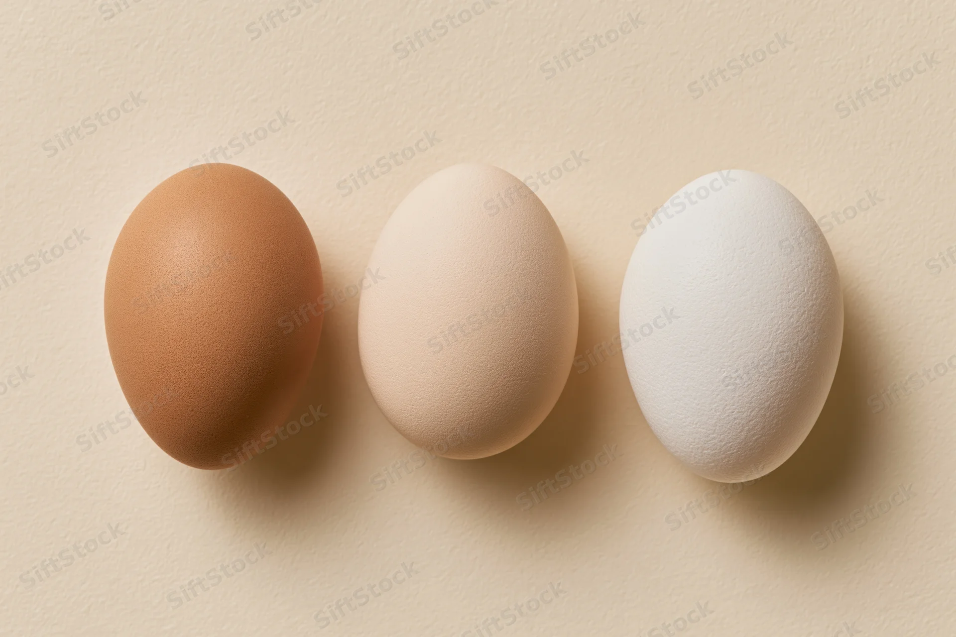 Three chicken eggs in a row on a neutral surface