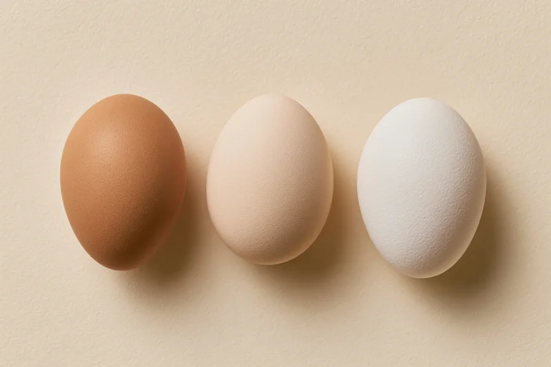 Three chicken eggs in a row on a neutral surface