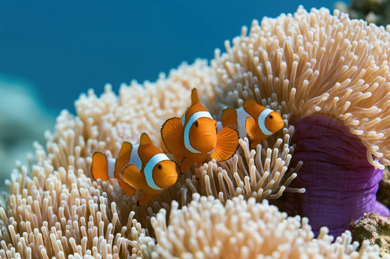 Three clownfish swimming among swaying tentacles of a large anemone in a coral reef