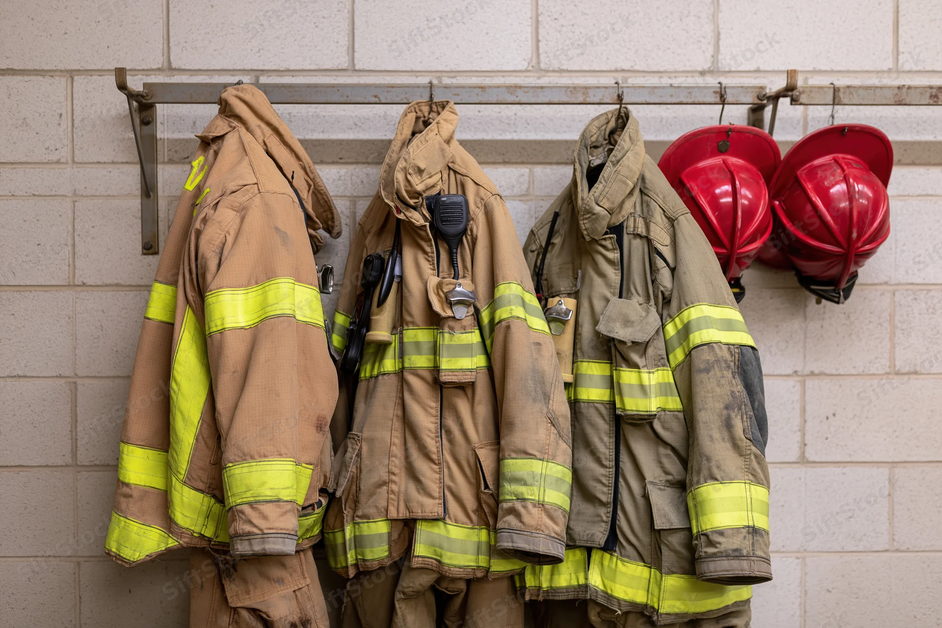 Three firefighter turnout coats and red helmets hanging on a metal rack against a concrete wall