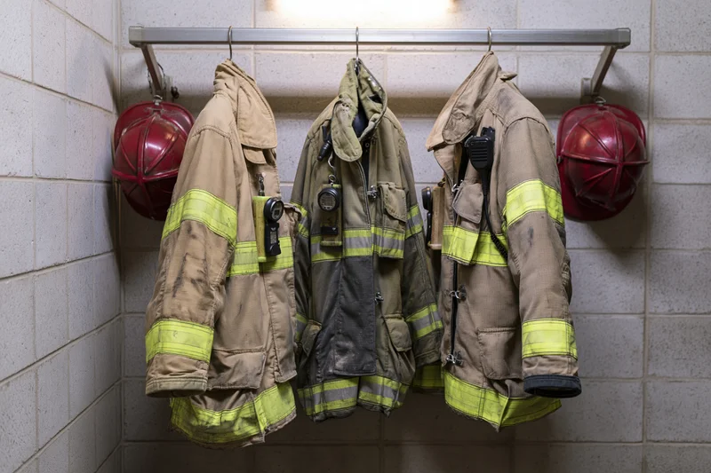 Three firefighter turnout coats hanging on a metal rack in a fire station