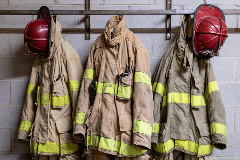 Three firefighter turnout coats with helmets hanging on a metal rack in a fire station