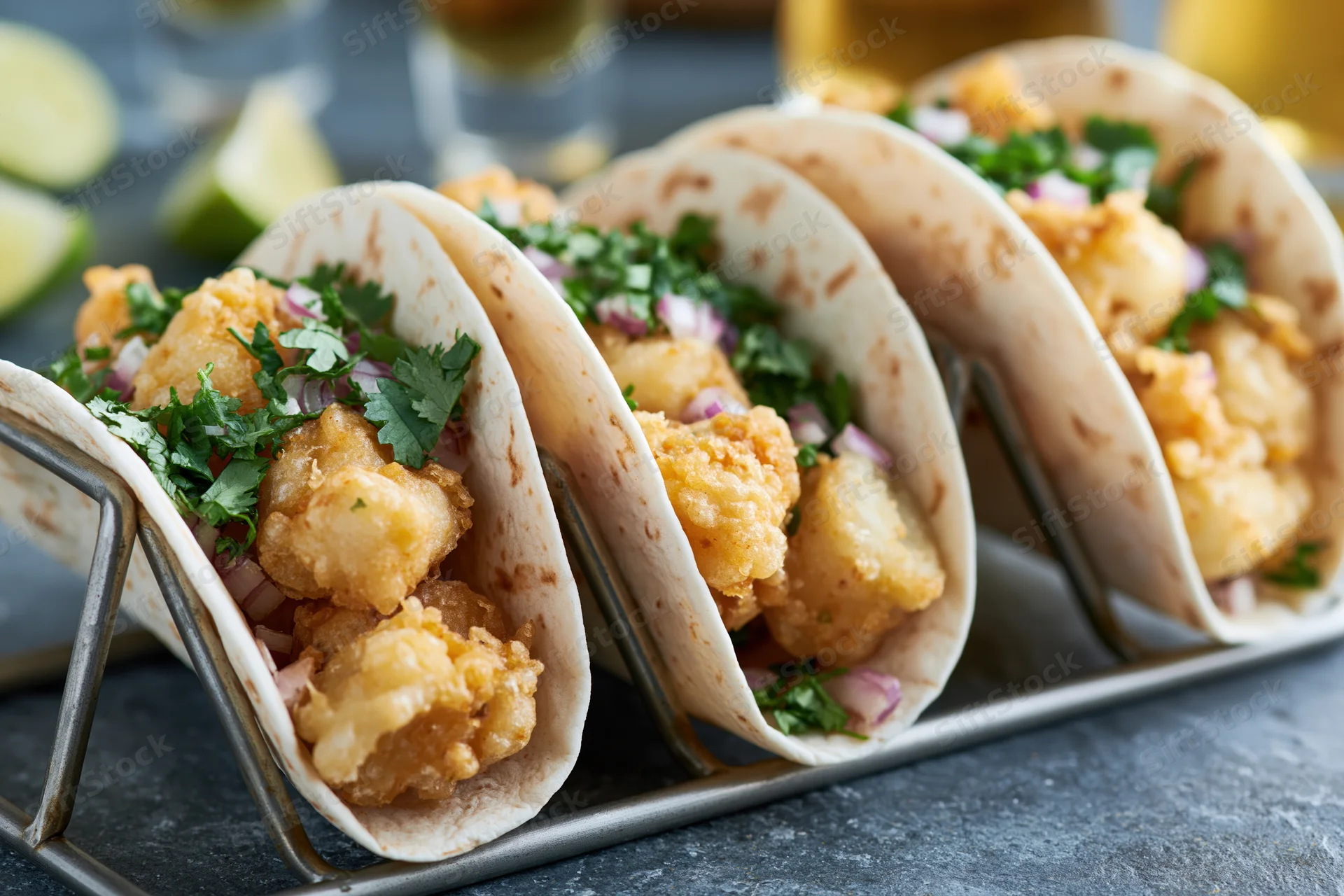 Three fish tacos in flour tortillas held upright in a metal stand on a gray surface