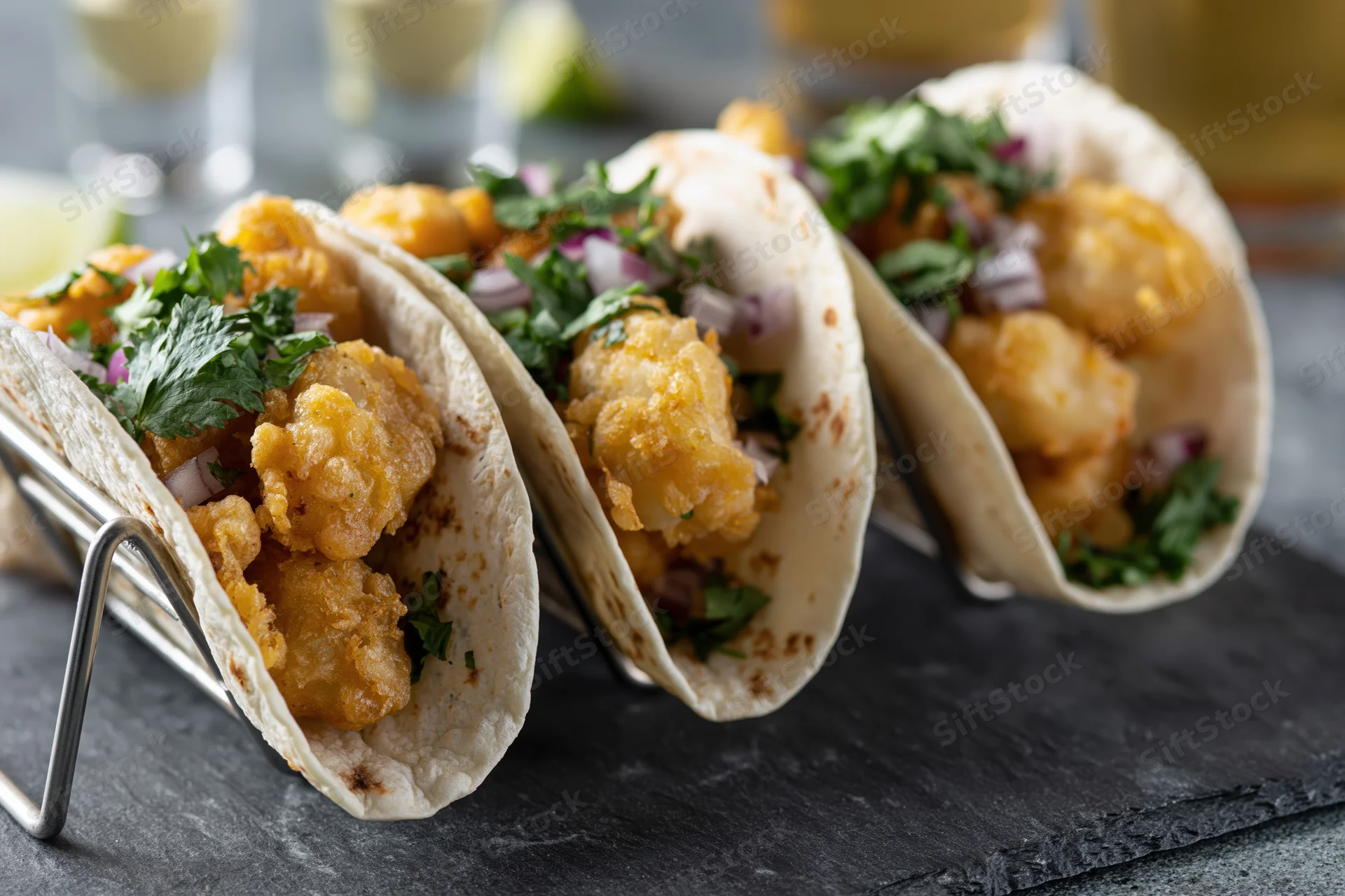Three fish tacos in flour tortillas held upright in a metal stand on a slate tray