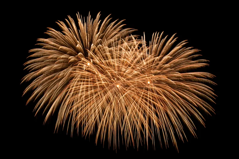 Golden fireworks bursting simultaneously in the night sky