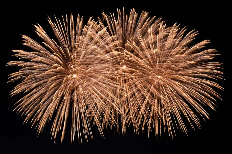 Golden fireworks bursting simultaneously in the night sky
