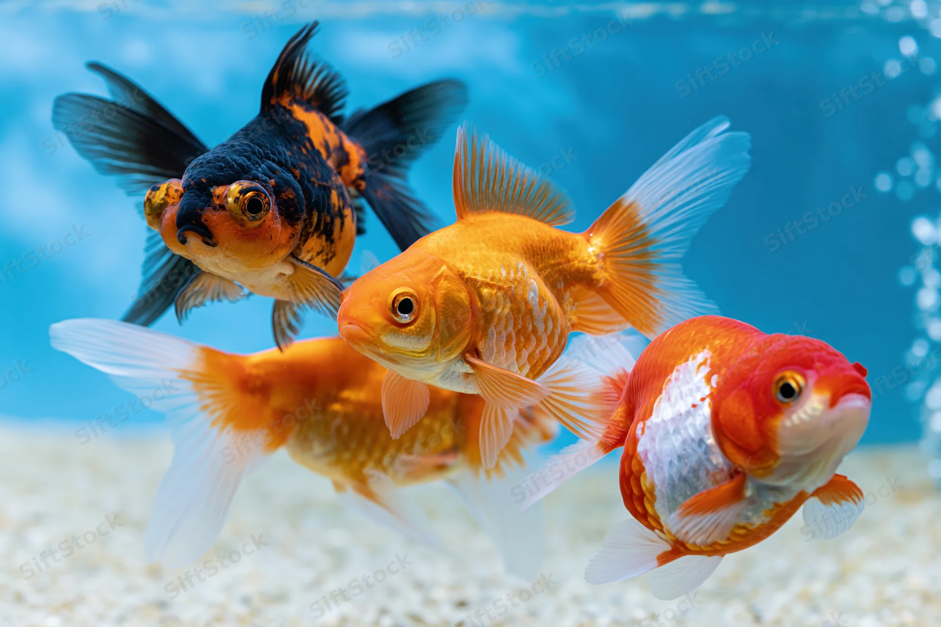 Four goldfish swimming together in clear aquarium water over gravel substrate
