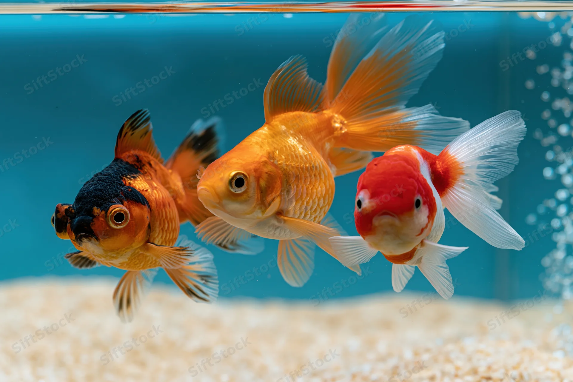 Three goldfish swimming together in clear aquarium water over gravel substrate