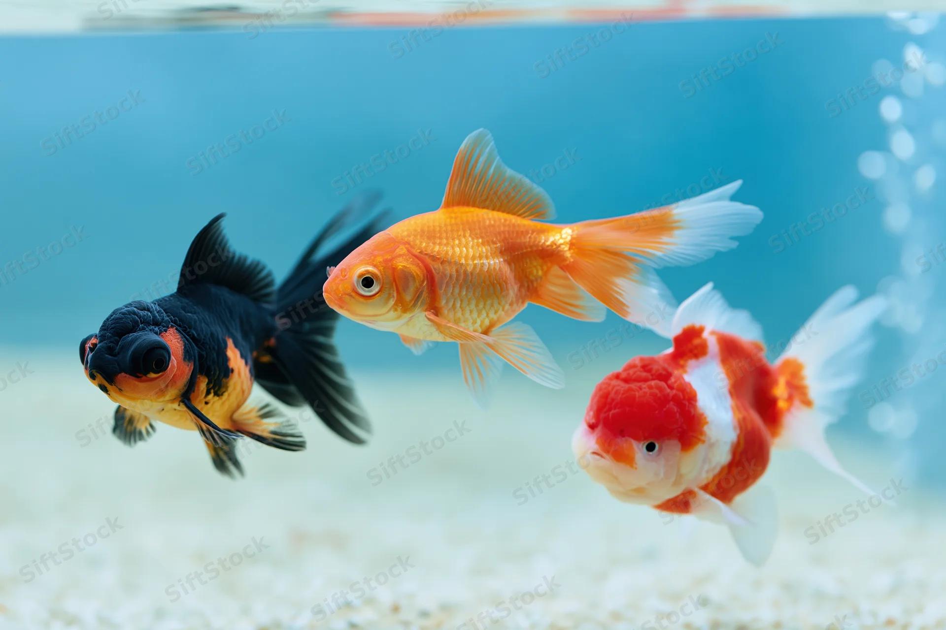 Three goldfish swimming in clear aquarium water with gravel substrate and bubbles rising