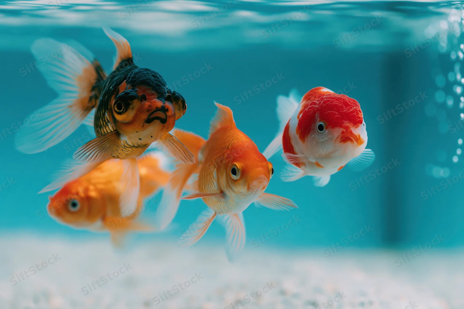 Four goldfish swimming together in clear aquarium water with gravel bottom and bubbles rising