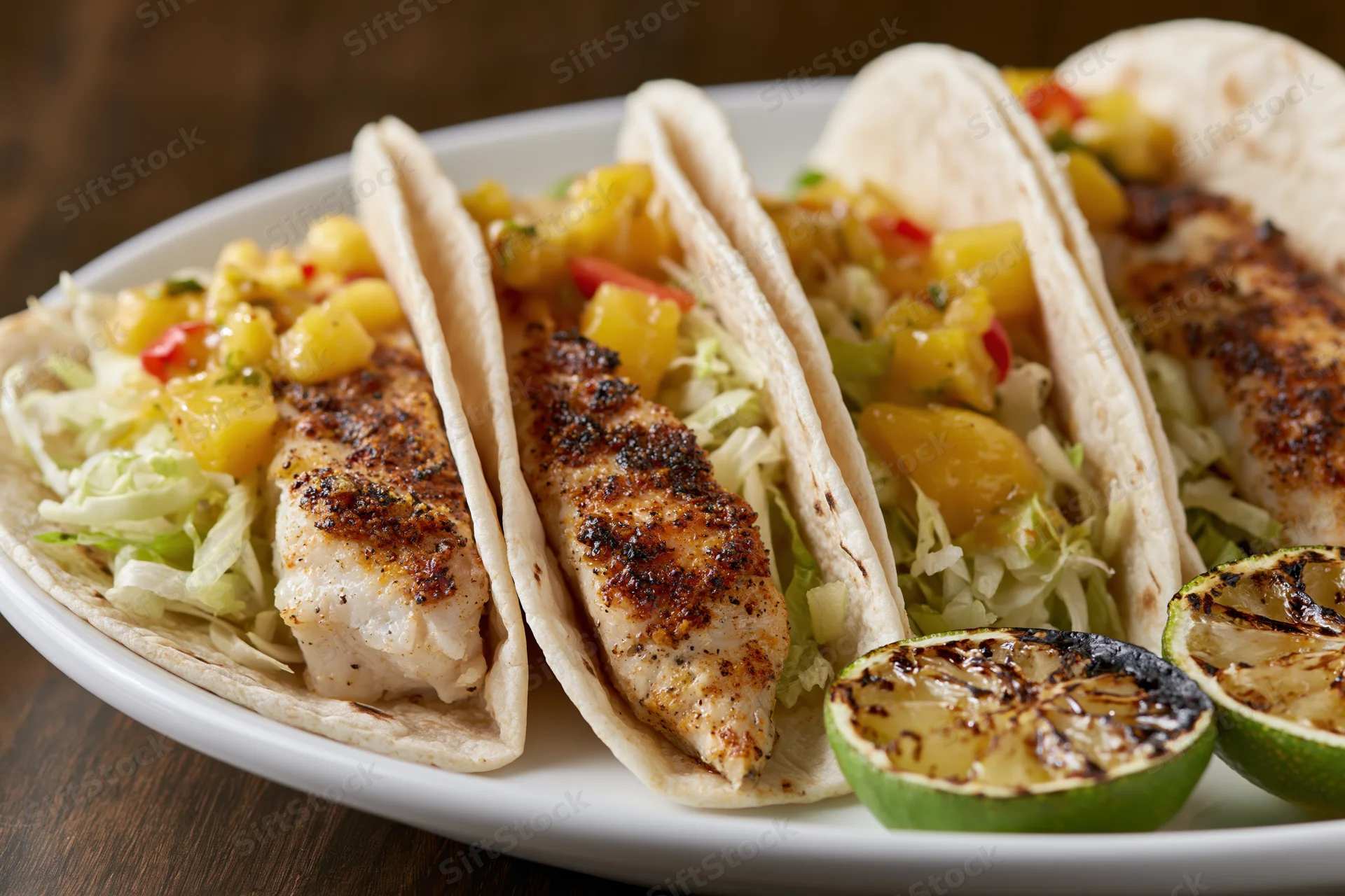 Three grilled fish tacos in flour tortillas filled with shredded cabbage and pineapple salsa on a white plate with grilled lime wedges