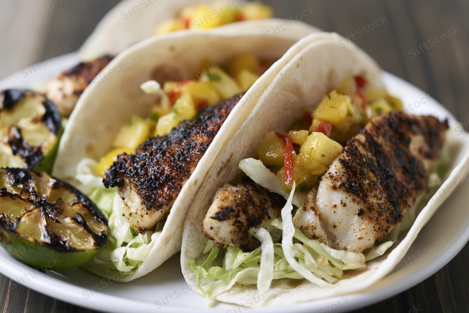 Three grilled fish tacos in flour tortillas filled with pineapple salsa and shredded cabbage on a white plate with charred lime wedges