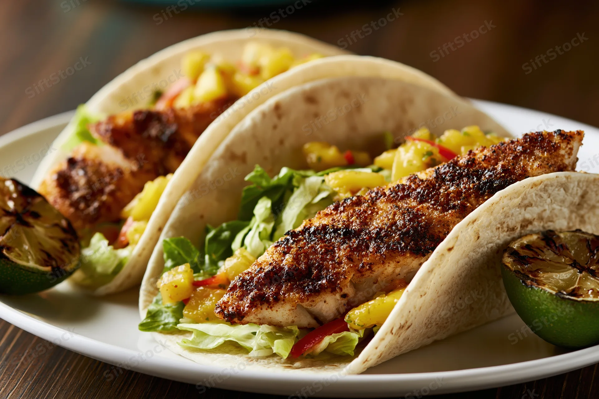 Three grilled fish tacos in flour tortillas with pineapple salsa and lettuce on a white plate with grilled lime wedges
