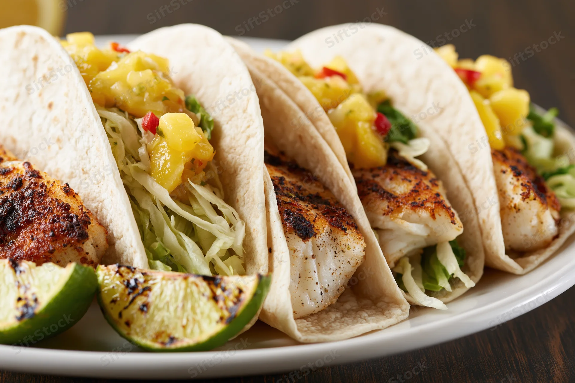 Three grilled fish tacos in flour tortillas with pineapple salsa and shredded cabbage on a white plate with charred lime wedges