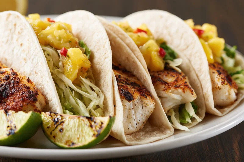 Three grilled fish tacos in flour tortillas with pineapple salsa and shredded cabbage on a white plate with charred lime wedges